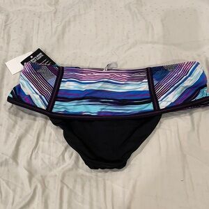 Kenneth Cole Striped Bikini Swim Bottom Skirt Skort Tummy Toner Compression L